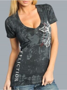 AFFLICTION VNeck Top SPIKER REVOLUTION Wings Black Distressed CROSS Graphic Tee